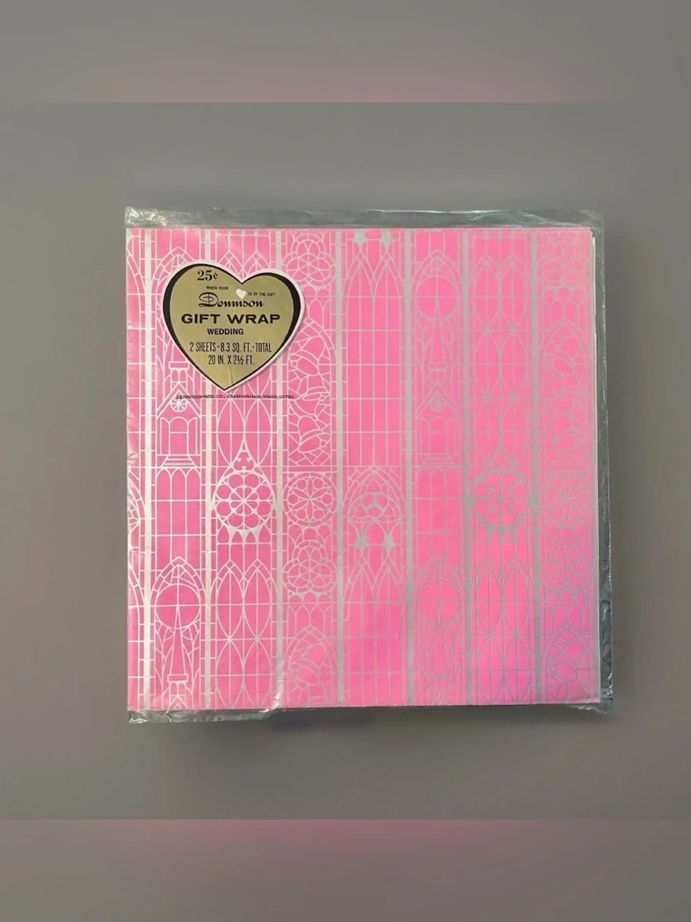 Vtg Wedding Gift Wrap Dennison Pink Silver Cathedral 2 Sheets 70s Mod Ephemera